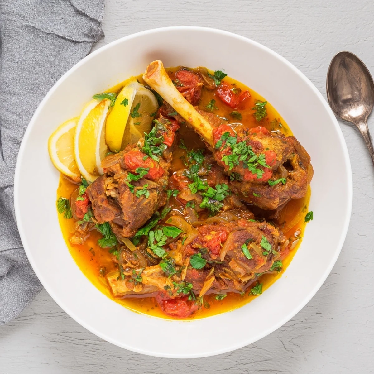 Slow cooked Indian lamb shanks glistening with aromatic spices, garnished with cilantro and served alongside naan bread.