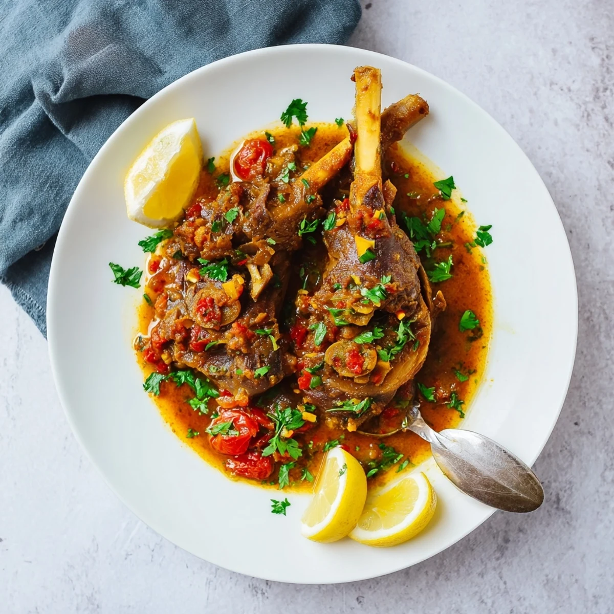 Falling-off-the-bone slow cooked Indian lamb shanks in a rich curry sauce, served with fluffy basmati rice.