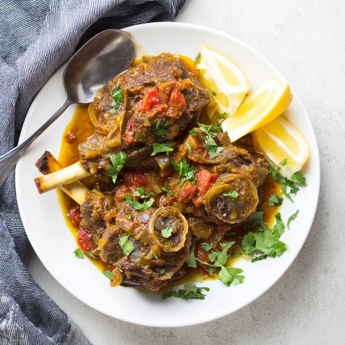 Braised slow cooked Indian lamb shanks in a deep red gravy, with tender meat and fresh lemon wedges.