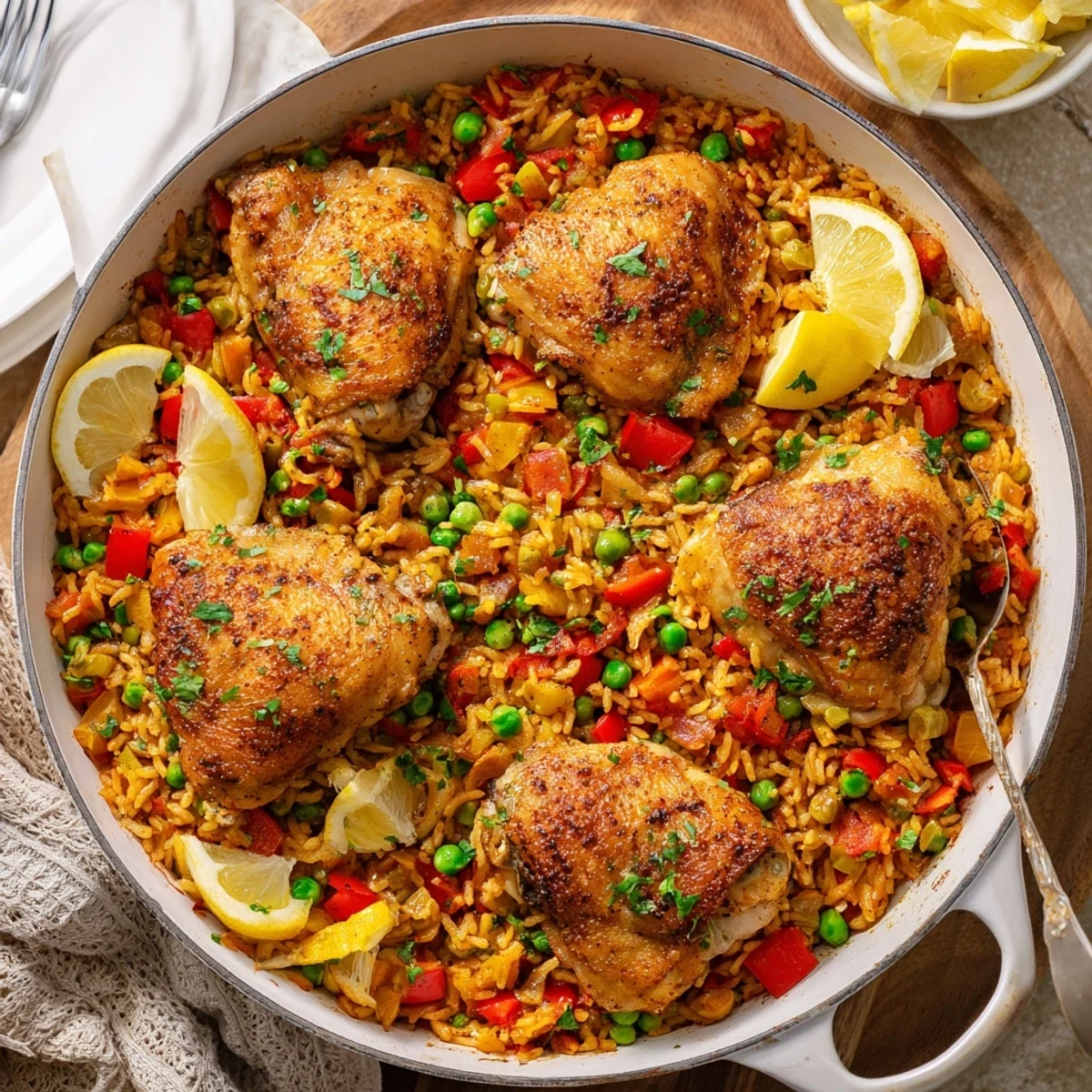 A close-up of the One Pan Spanish Chicken and Rice Bake, showing golden-brown chicken thighs over saffron-tinted rice with peppers and peas.