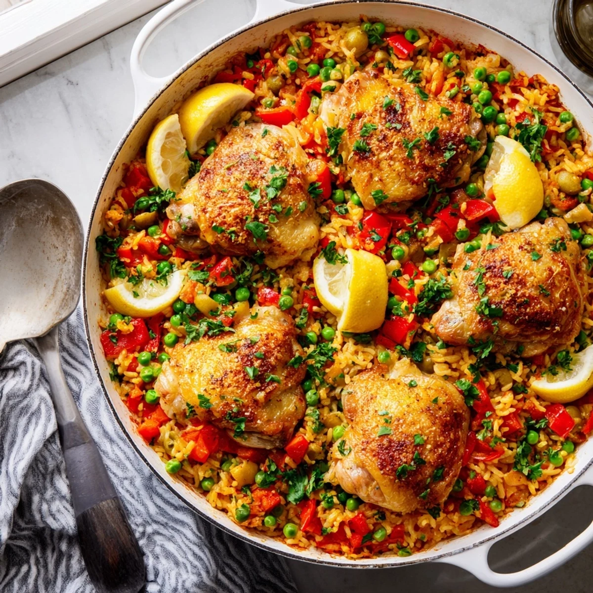 The finished One Pan Spanish Chicken and Rice Bake in a skillet, garnished with fresh parsley and served with lemon wedges for squeezing.