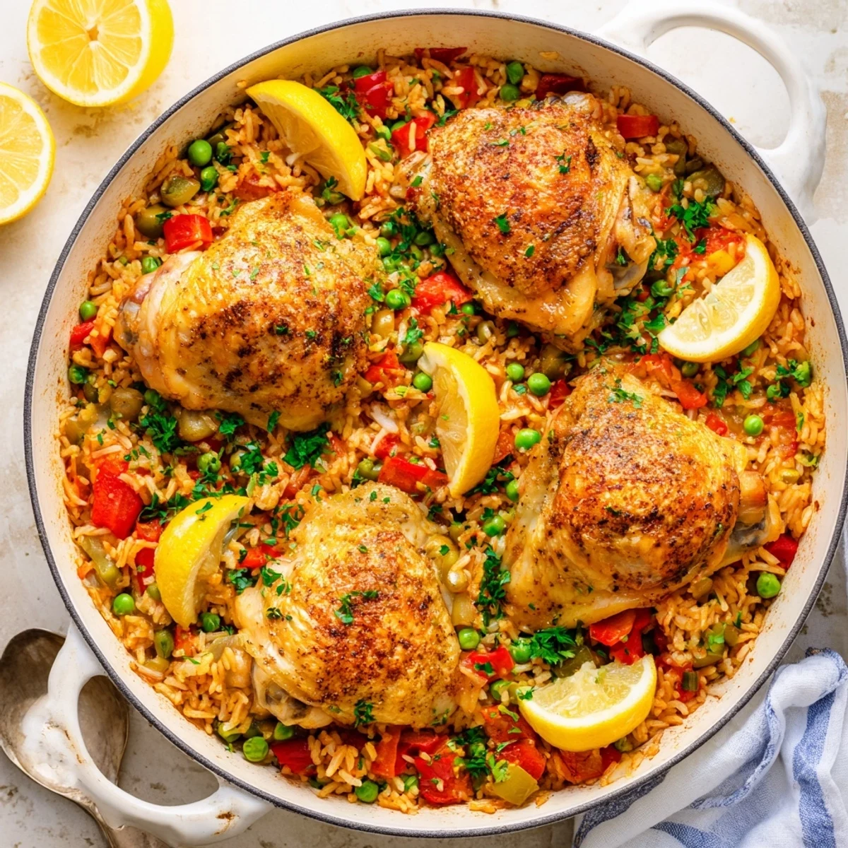 Sizzling chicken thighs with skin-on in a pan, surrounded by aromatic Spanish rice, diced tomatoes, and colorful vegetables in the One Pan Spanish Chicken and Rice Bake.