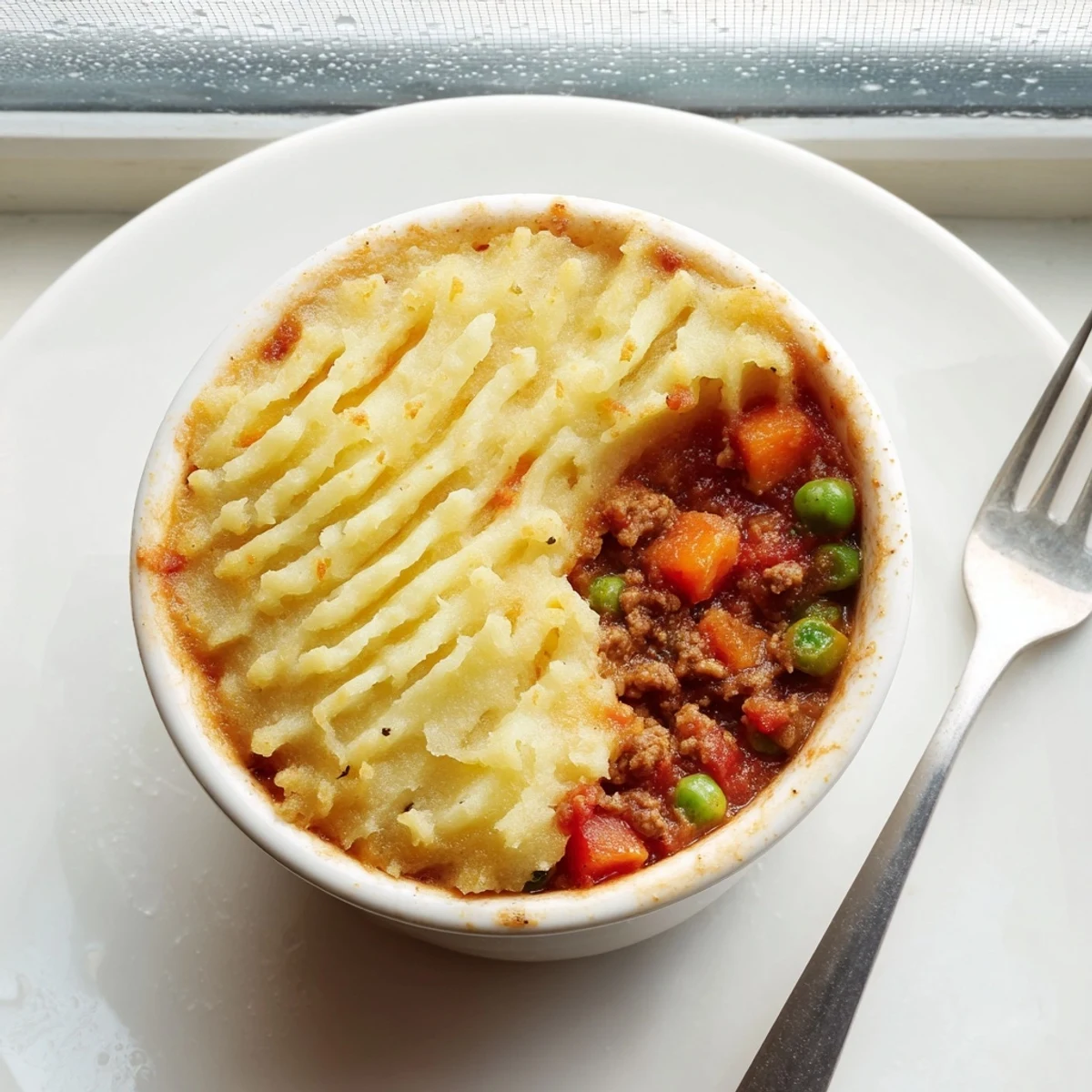 Golden Mini Shepherds Pie topped with creamy mashed potatoes and melted cheddar cheese, served hot from the oven.