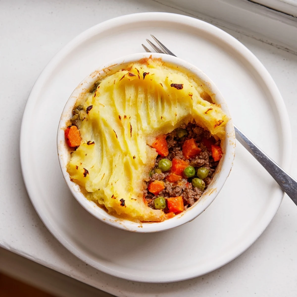 A close view of Mini Shepherds Pie bubbling at the edges, golden potato topping and rustic serving dish.