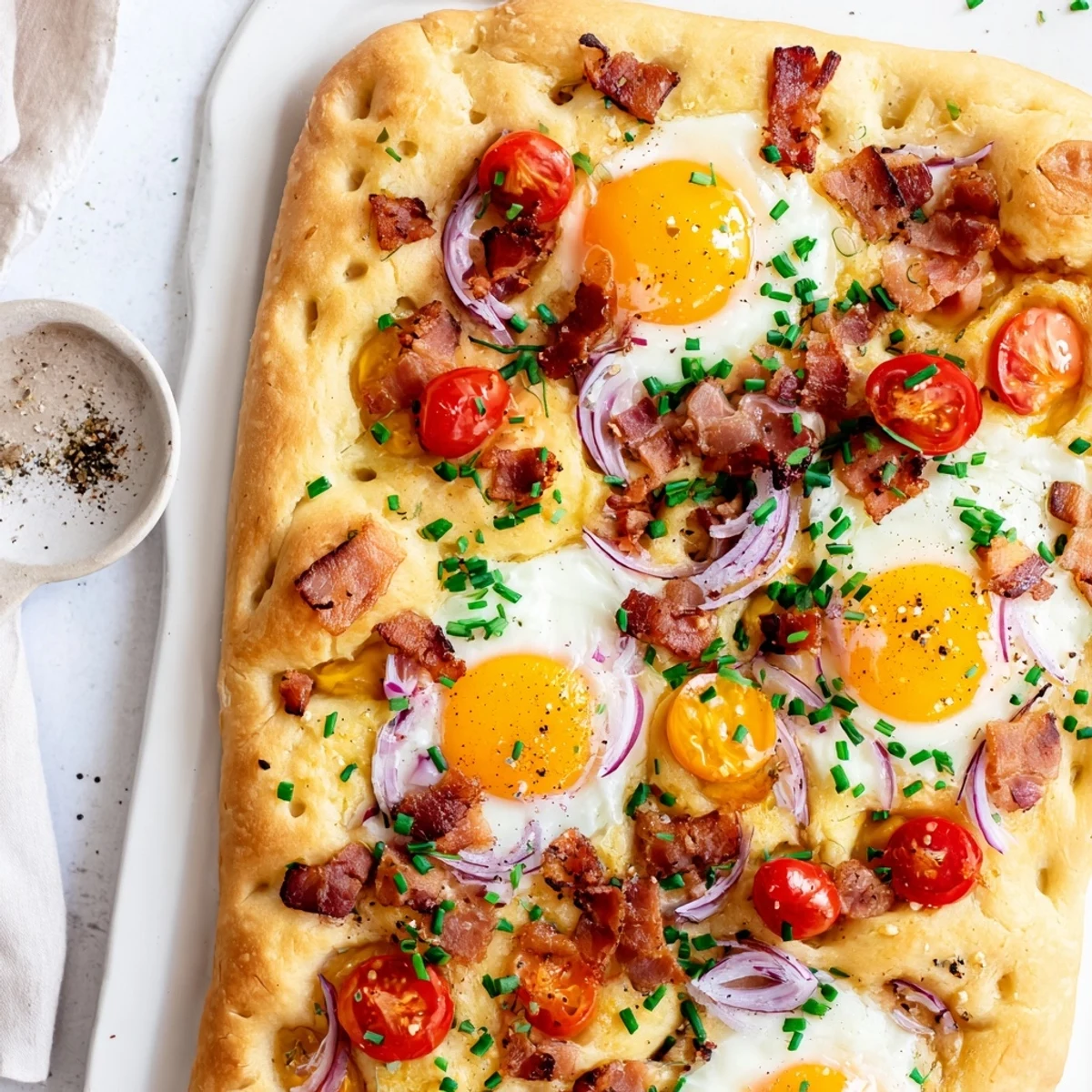 Freshly baked Breakfast Focaccia with eggs and bacon on a rustic table.