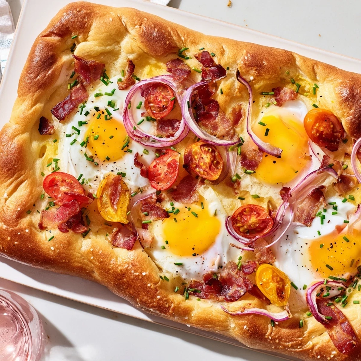 A slice of fluffy Breakfast Focaccia topped with crispy bacon and herbs.