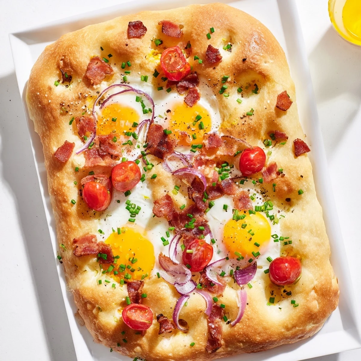 Warm Breakfast Focaccia with runny egg yolks served on a wooden board.