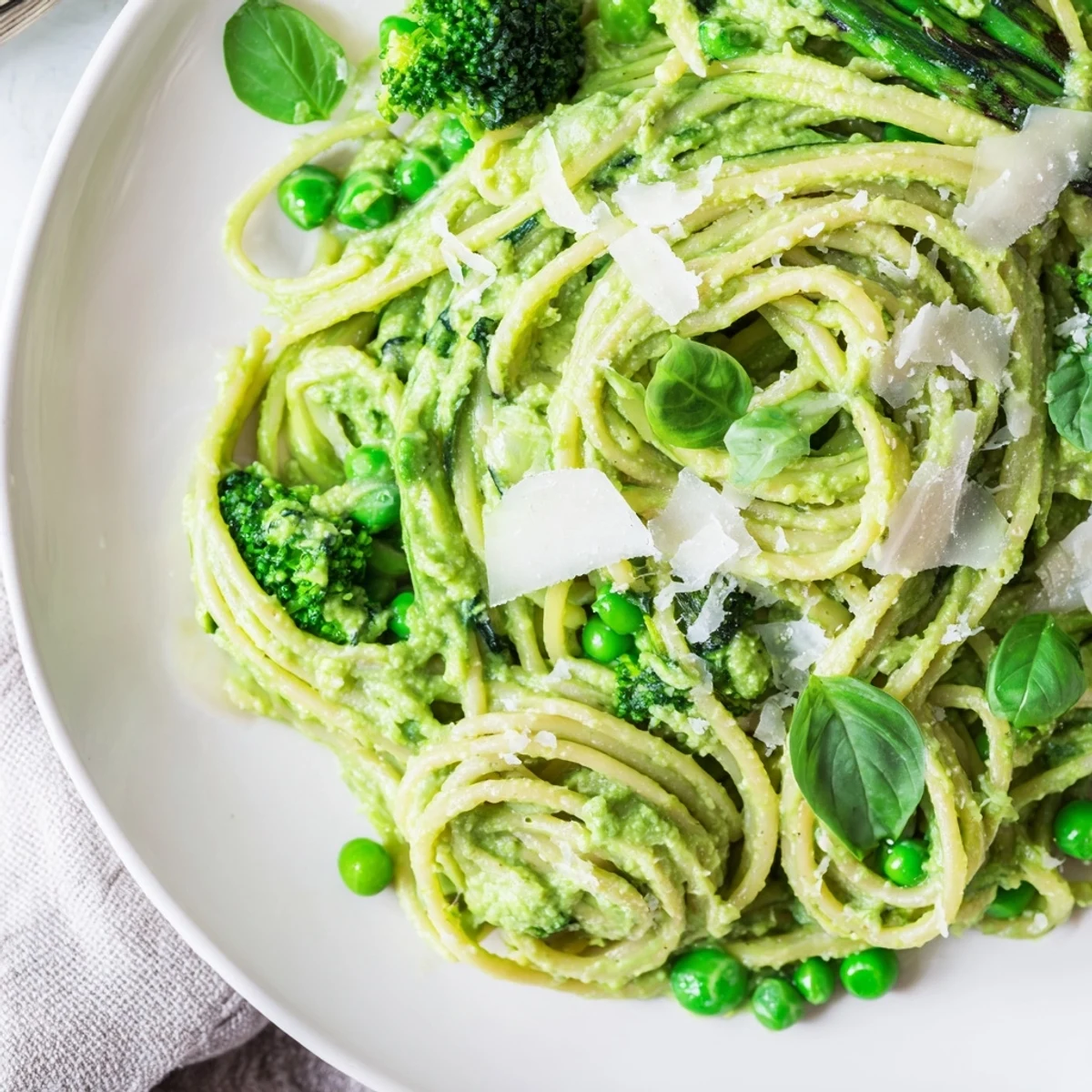 Creamy Veggie Smuggler Avocado Pasta garnished with basil and lemon zest on a rustic table.
