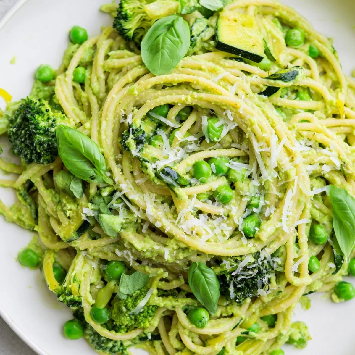 A bowl of Veggie Smuggler Avocado Pasta with broccoli and peas ready for a quick dinner.