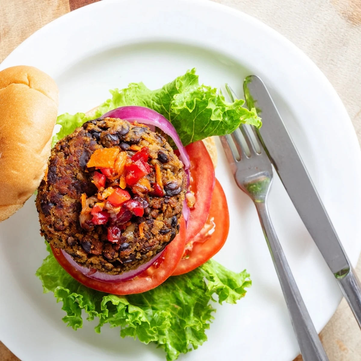 Golden-brown, pan-seared Mushroom Veggie Burgers sit on toasted buns with fresh lettuce and tomato slices.