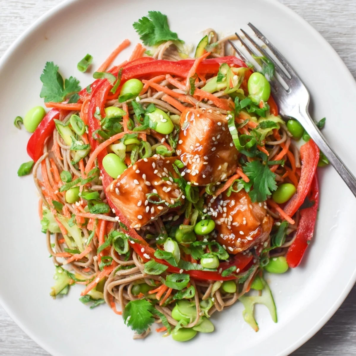 Teriyaki Salmon Soba Noodle Salad features glazed salmon and crisp vegetables over chilled buckwheat noodles, finished with toasted sesame seeds.