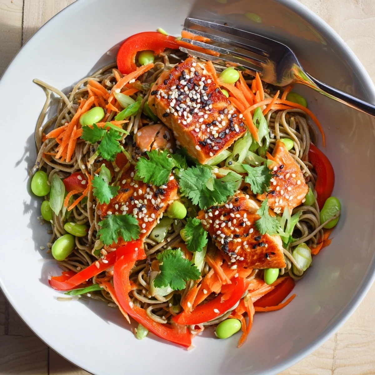 Bright plating of Teriyaki Salmon Soba Noodle Salad with lime wedges, fresh cilantro, and shiny glaze on tender salmon pieces.