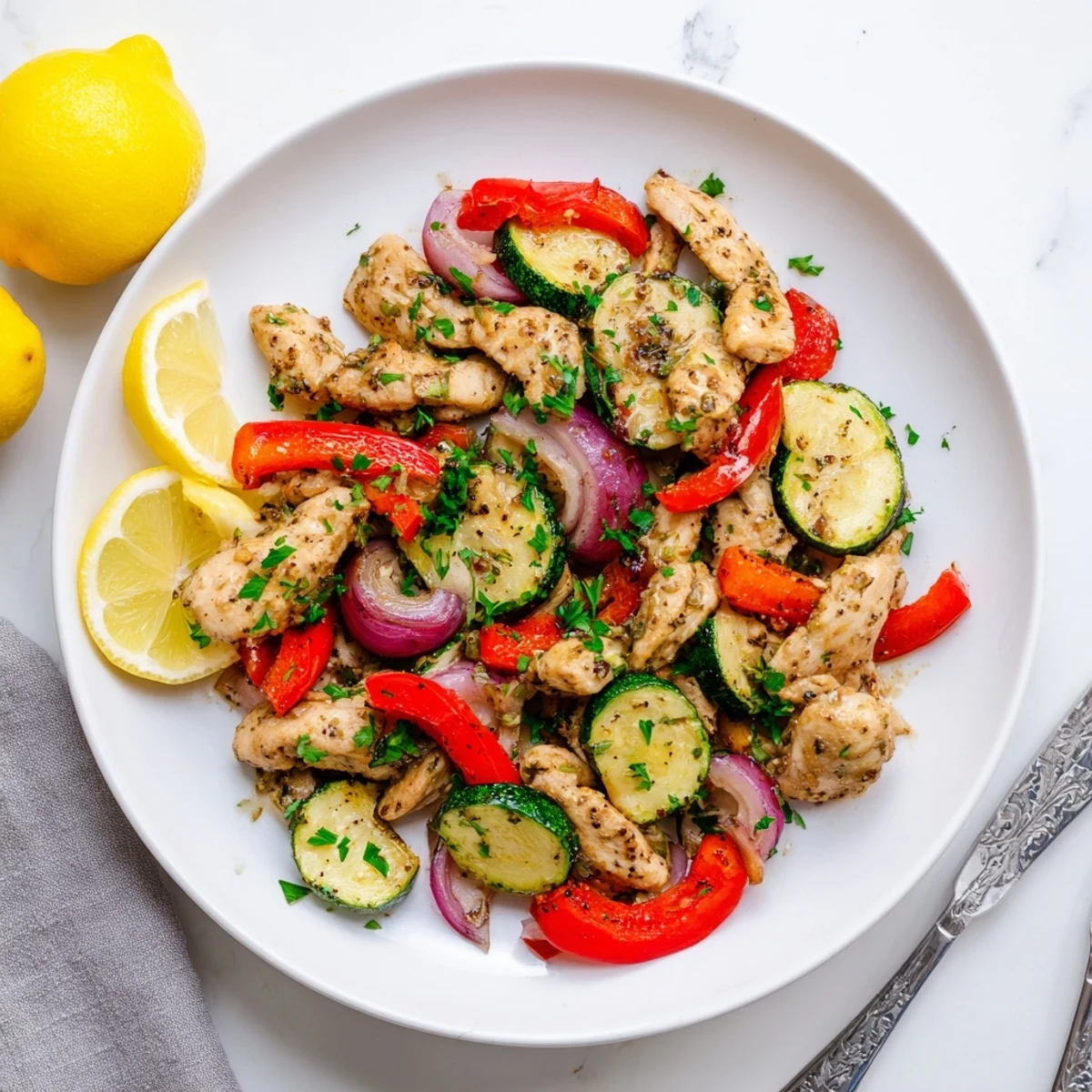 Golden chicken pieces stir fried with colorful bell peppers and zucchini in this Mediterranean chicken stir fry