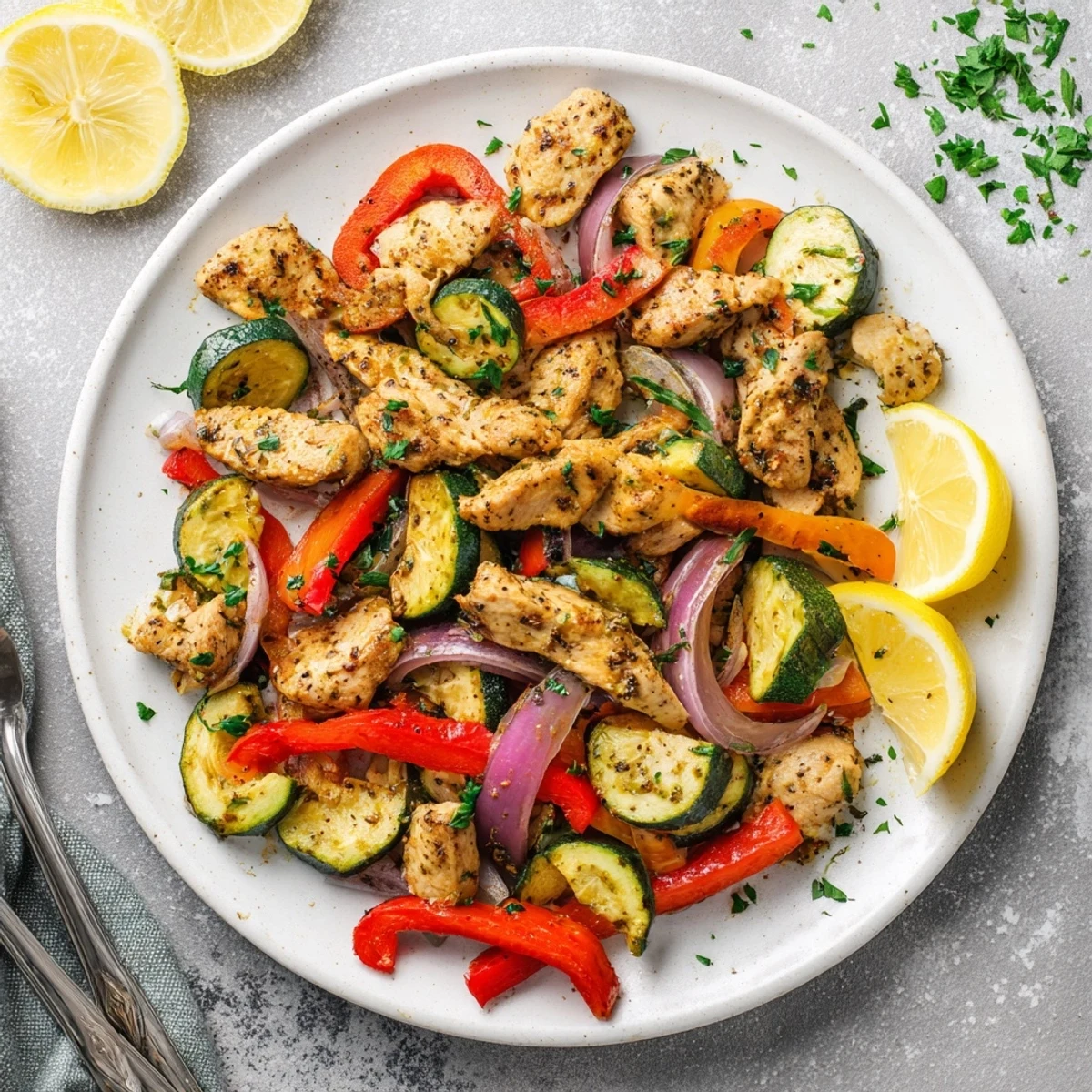 Vibrant Mediterranean chicken stir fry featuring juicy chicken breast with fresh vegetables in a hot skillet