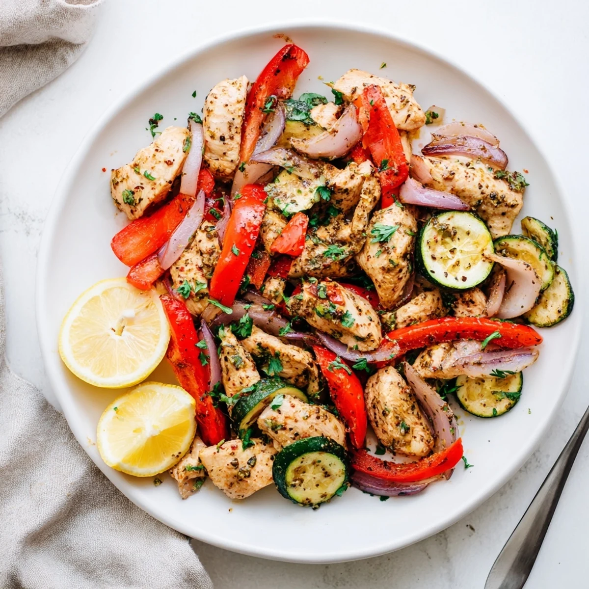 Healthy Mediterranean chicken stir fry served with tender chicken, crisp veggies, and aromatic garlic oregano seasoning