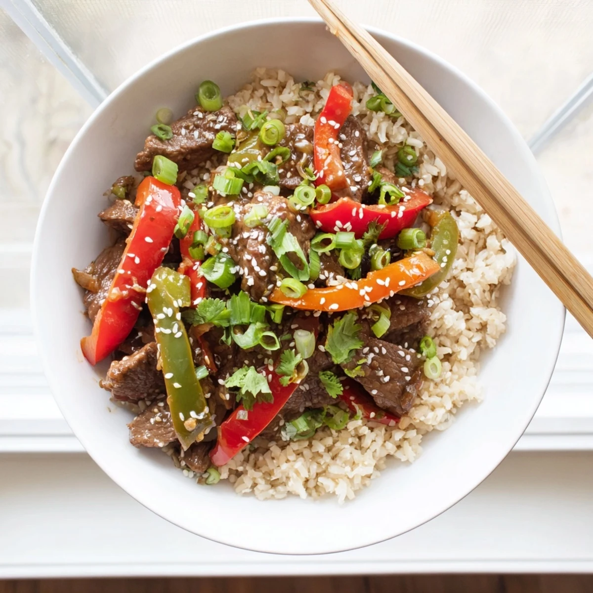 Protein-packed beef and pepper rice bowl topped with fresh cilantro and sesame seeds, showcasing vibrant red, yellow, and green pepper slices