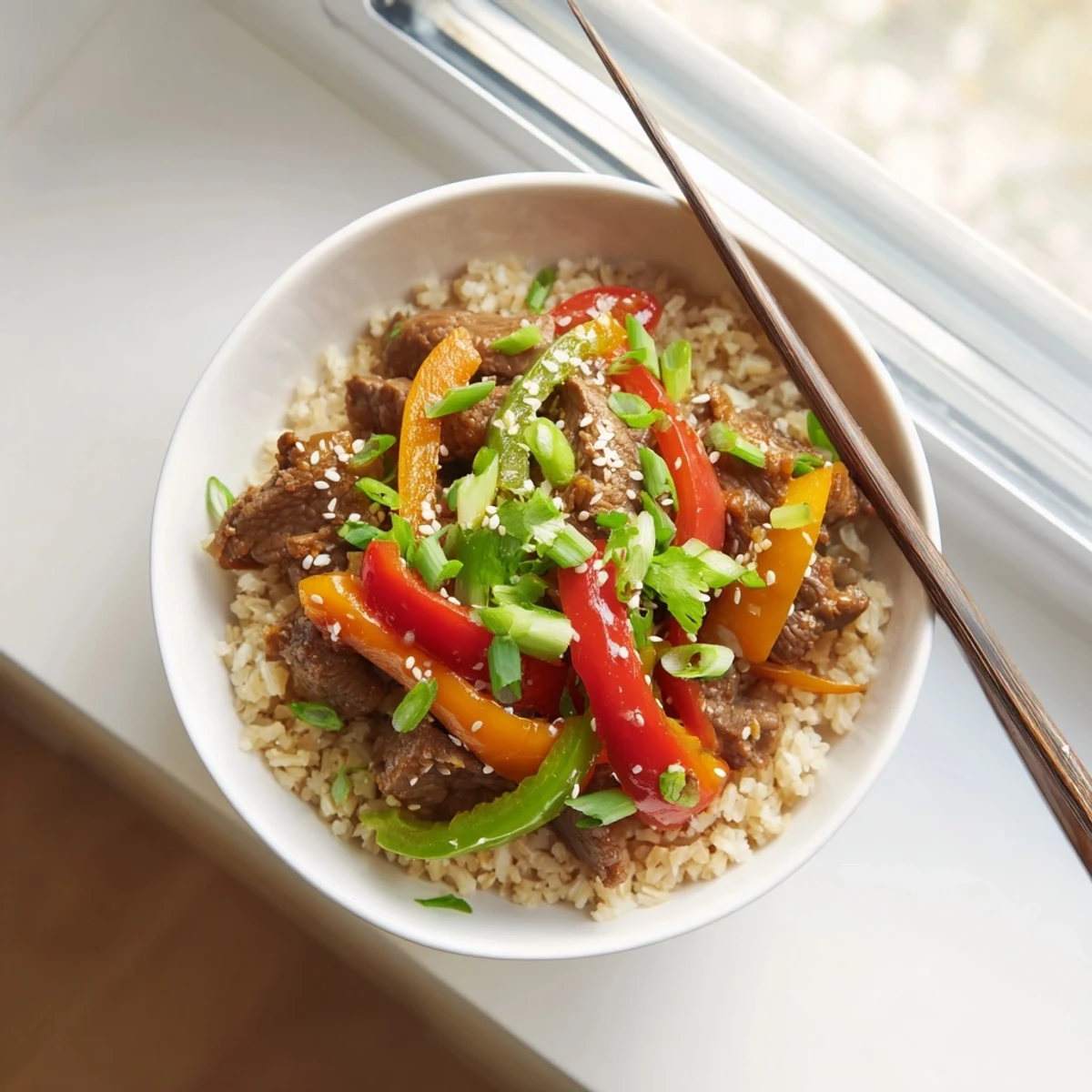 Sizzling beef and pepper rice bowl served in a white bowl, garnished with spring onions and drizzled with a sweet and tangy Asian sauce