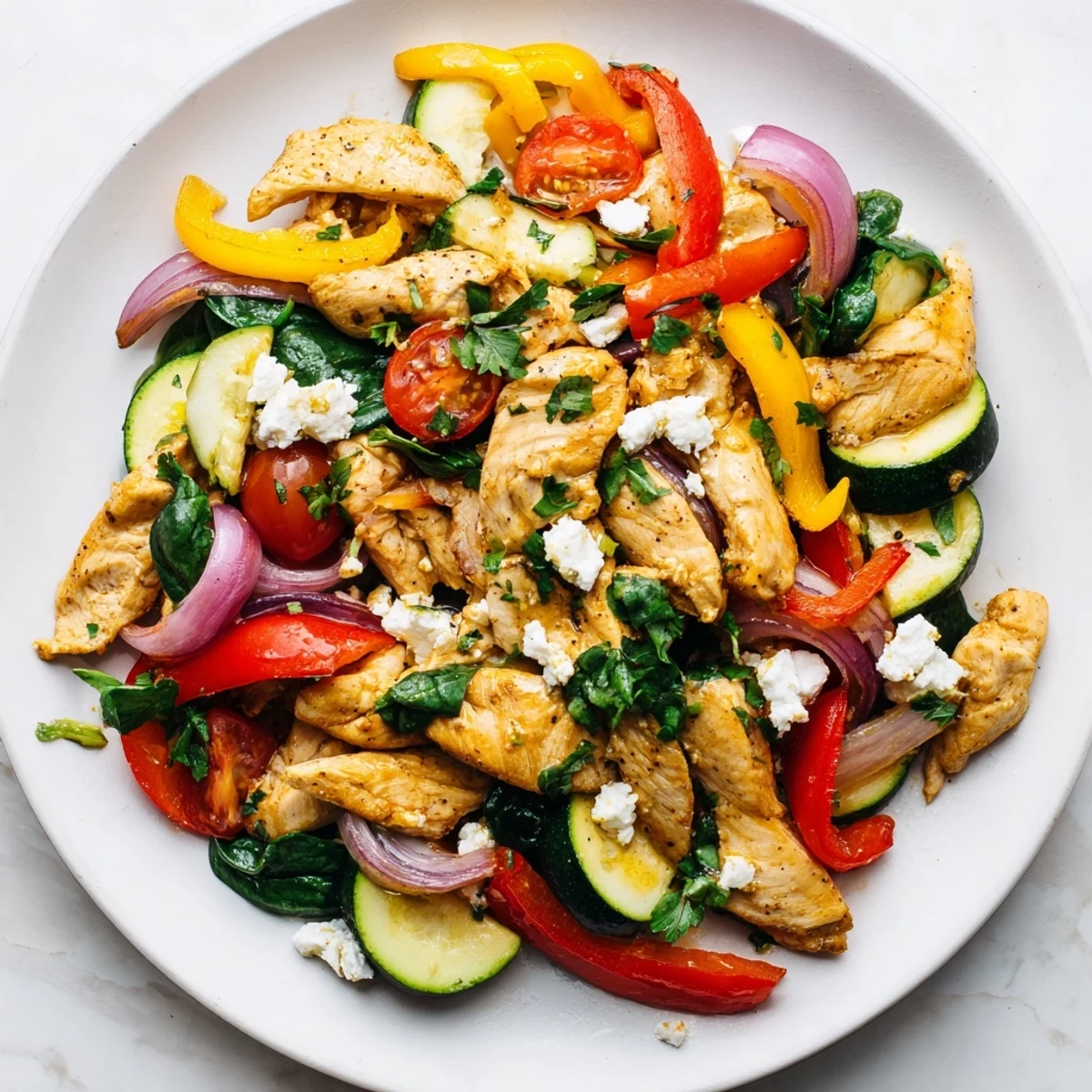 Golden Mediterranean chicken stir fry with colorful bell peppers zucchini and cherry tomatoes