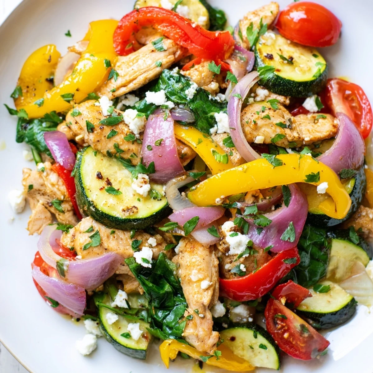 Sizzling skillet of Mediterranean chicken stir fry garnished with feta and fresh parsley