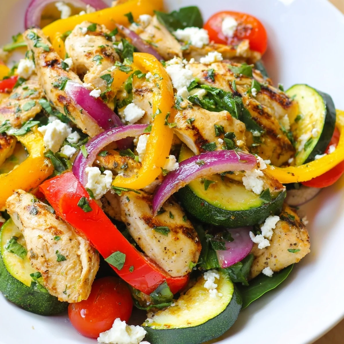 Healthy gluten-free Mediterranean chicken stir fry served over rice with crisp vegetables