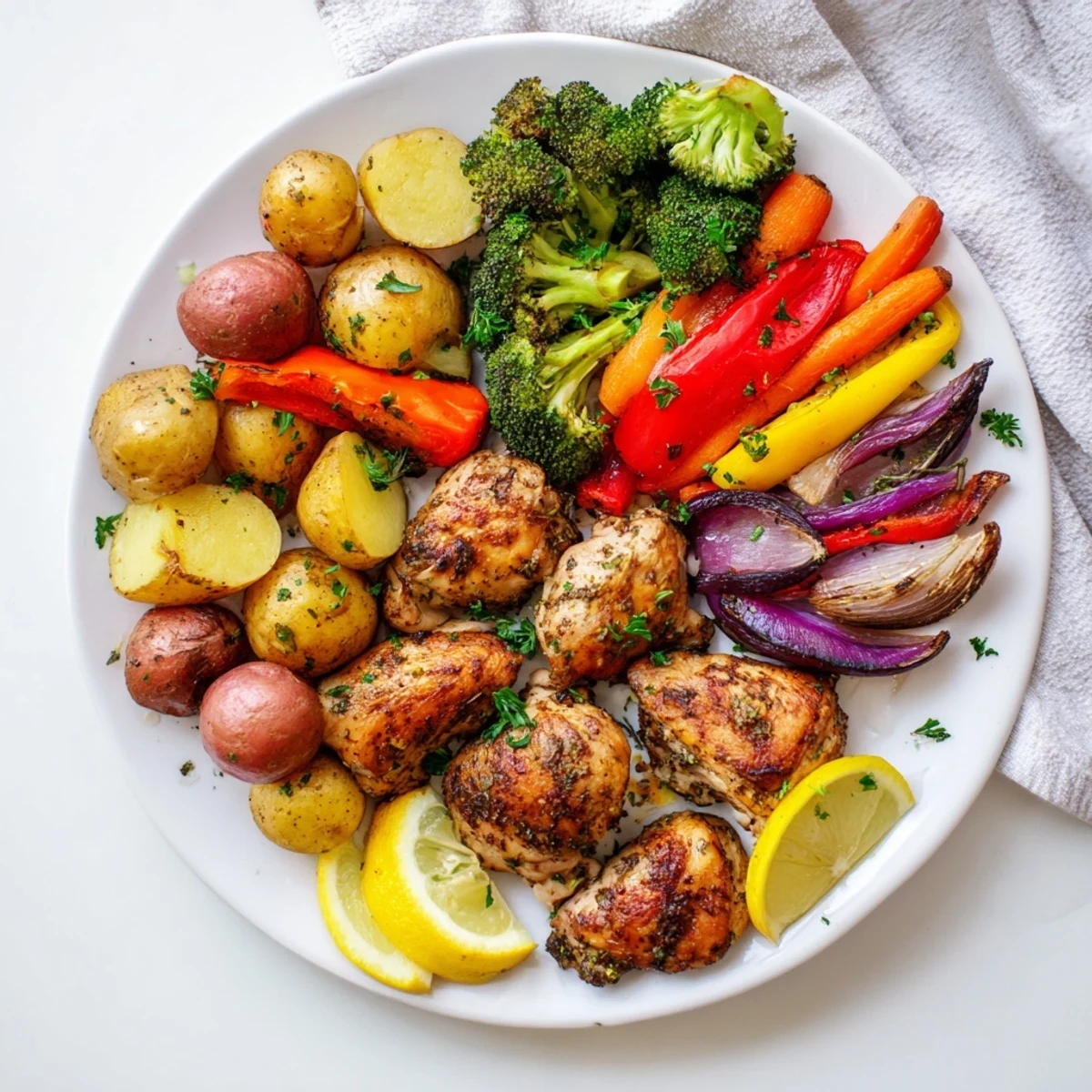 Juicy chicken breasts and vibrant veggies cooked on one pan with zesty lemon seasoning
