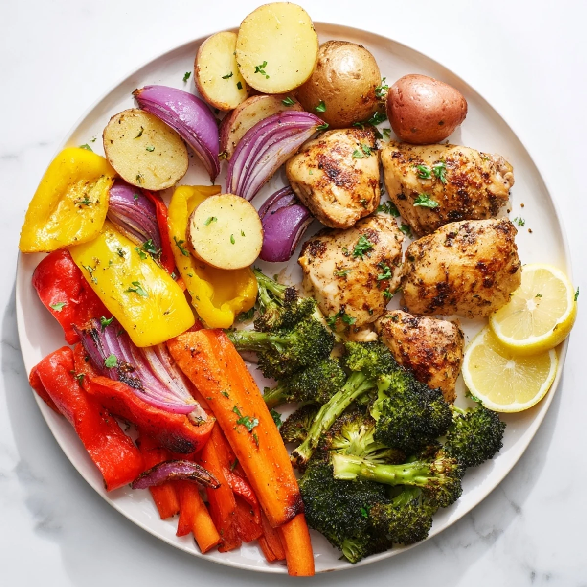 Golden sheet pan lemon herb chicken roasted with colorful vegetables and fresh parsley garnish
