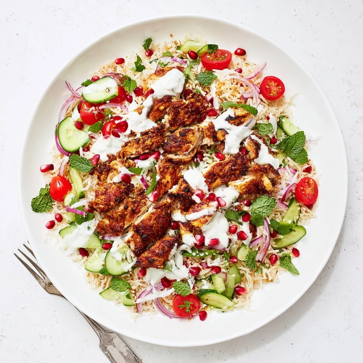 Golden chicken shawarma strips served over crispy rice with fresh vegetables and creamy tahini dressing