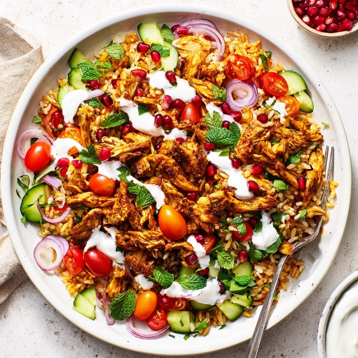 Vibrant Middle Eastern chicken shawarma crispy rice salad featuring spiced meat, crunchy rice, and herbs