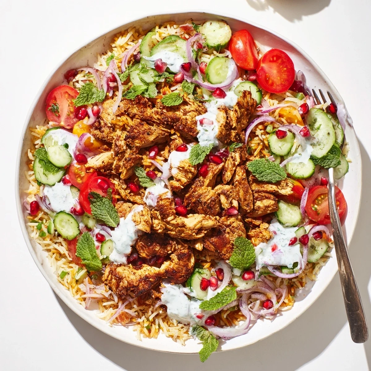 Close-up of chicken shawarma crispy rice salad with yogurt dressing, pomegranate, and fresh mint garnish