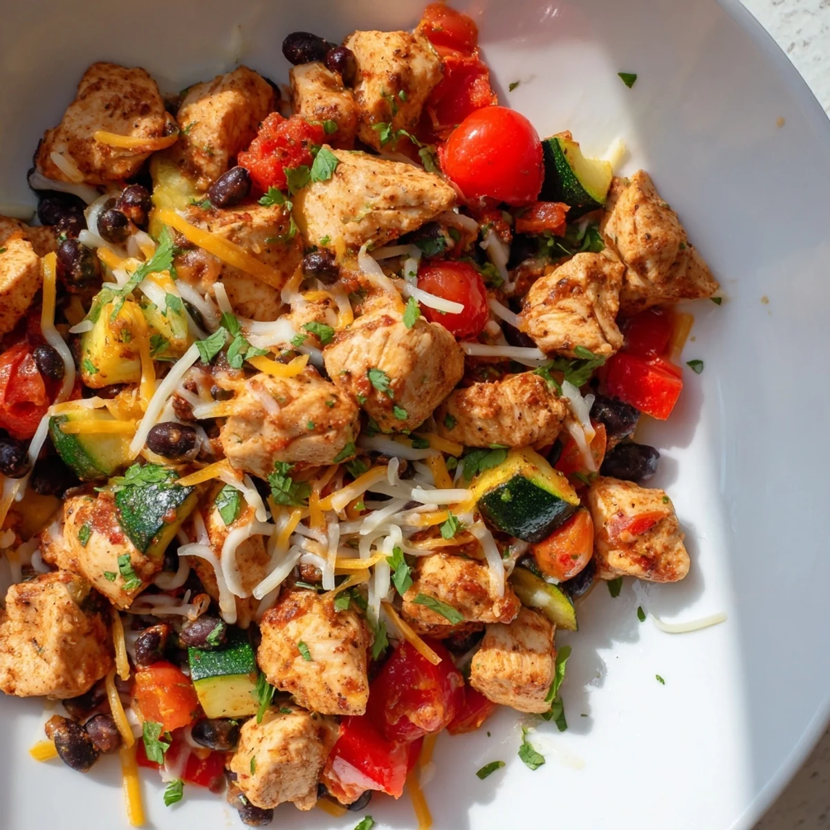 Golden chicken and zucchini simmered with black beans in a spicy Tex-Mex skillet topped with melted cheese