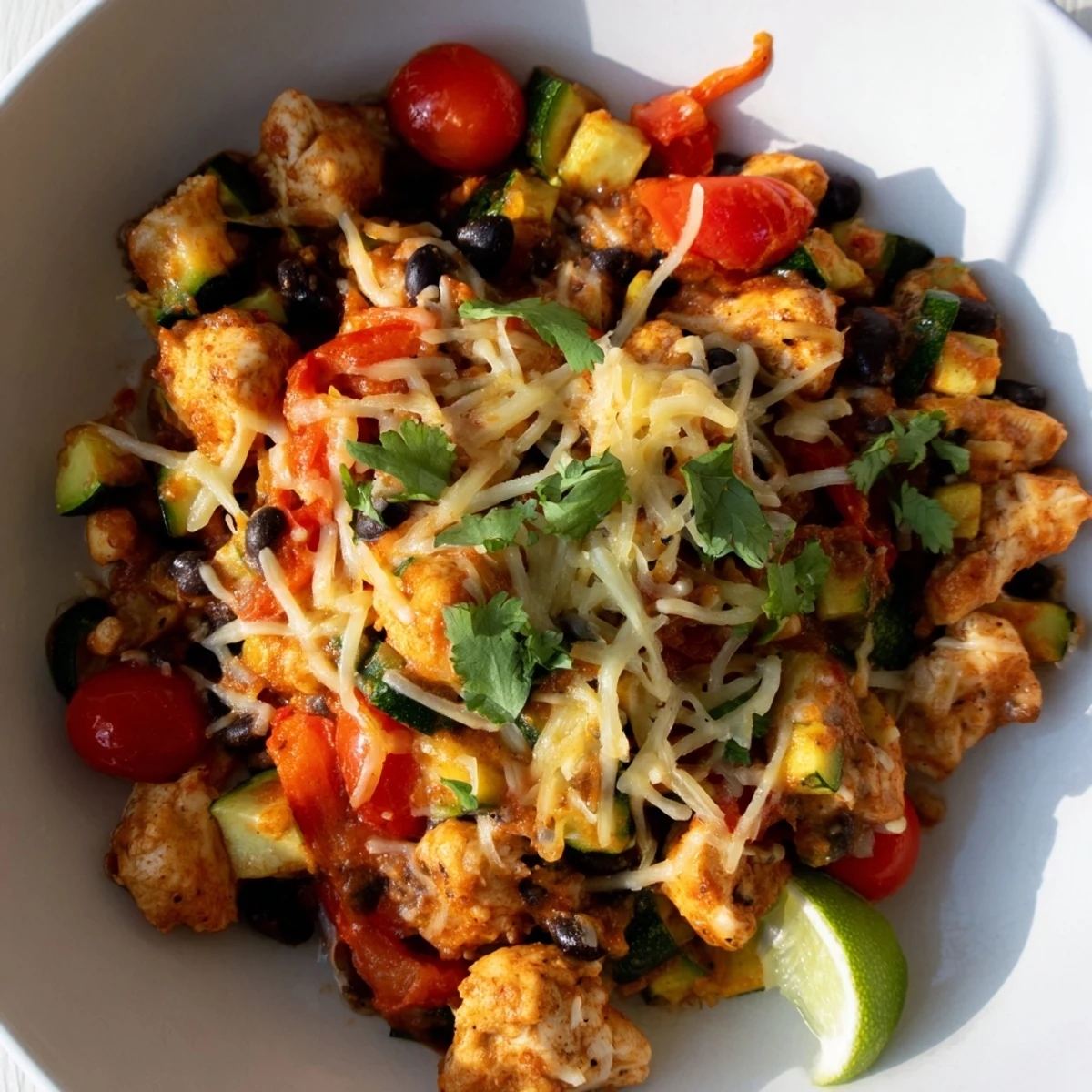 Colorful one-pan Tex-Mex chicken and zucchini featuring vibrant vegetables and creamy shredded cheese garnish