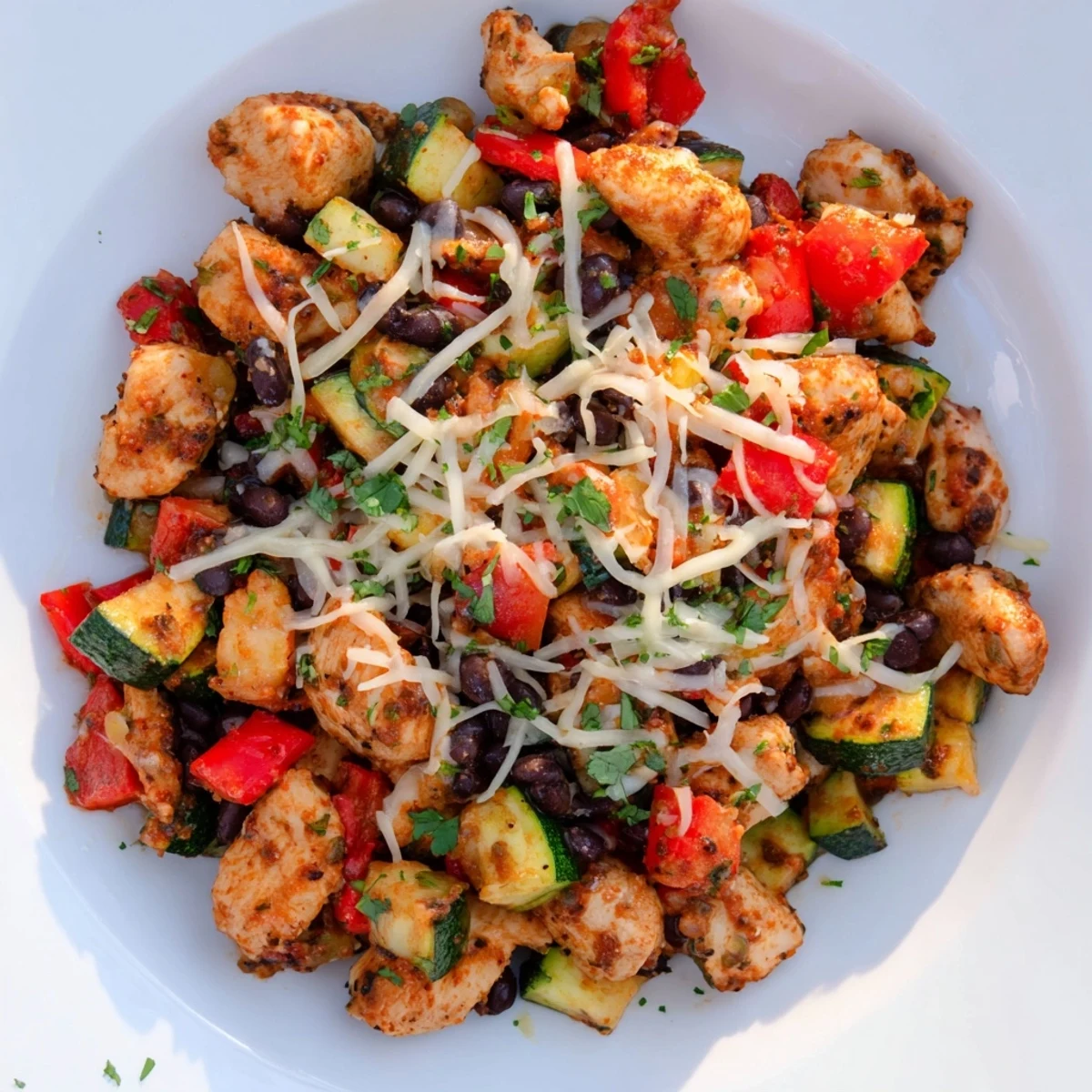 Sizzling skillet of Tex-Mex chicken and zucchini with beans, peppers, and melted Mexican cheese blend