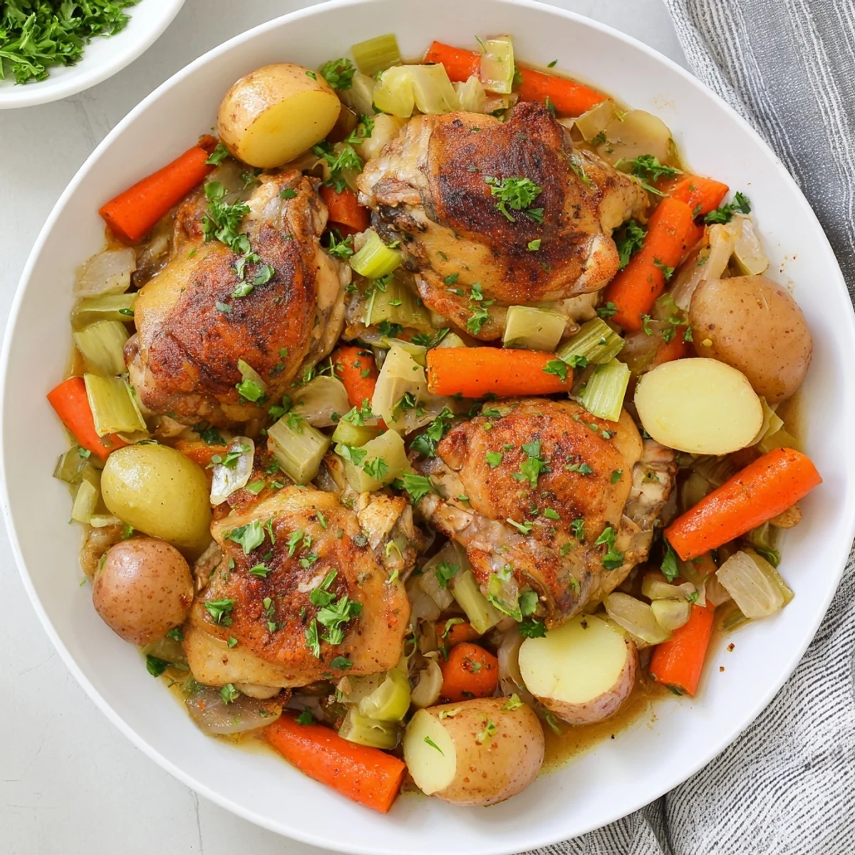 Tender juicy healthy savory slow cooker chicken thighs garnished with fresh parsley and baby potatoes