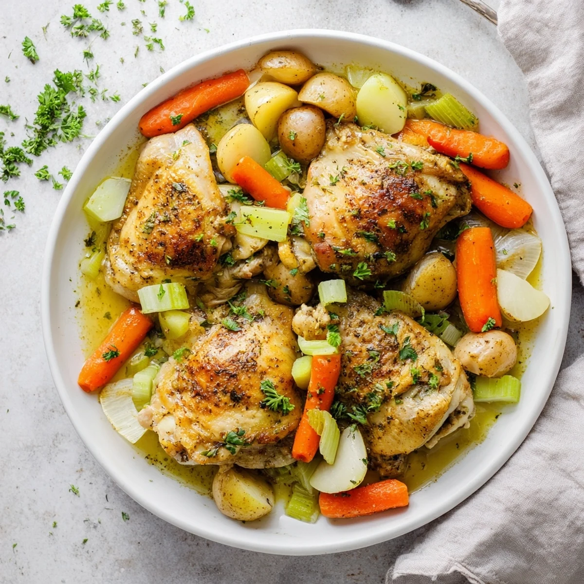Golden brown slow cooker chicken nestled with tender vegetables in a rich savory broth