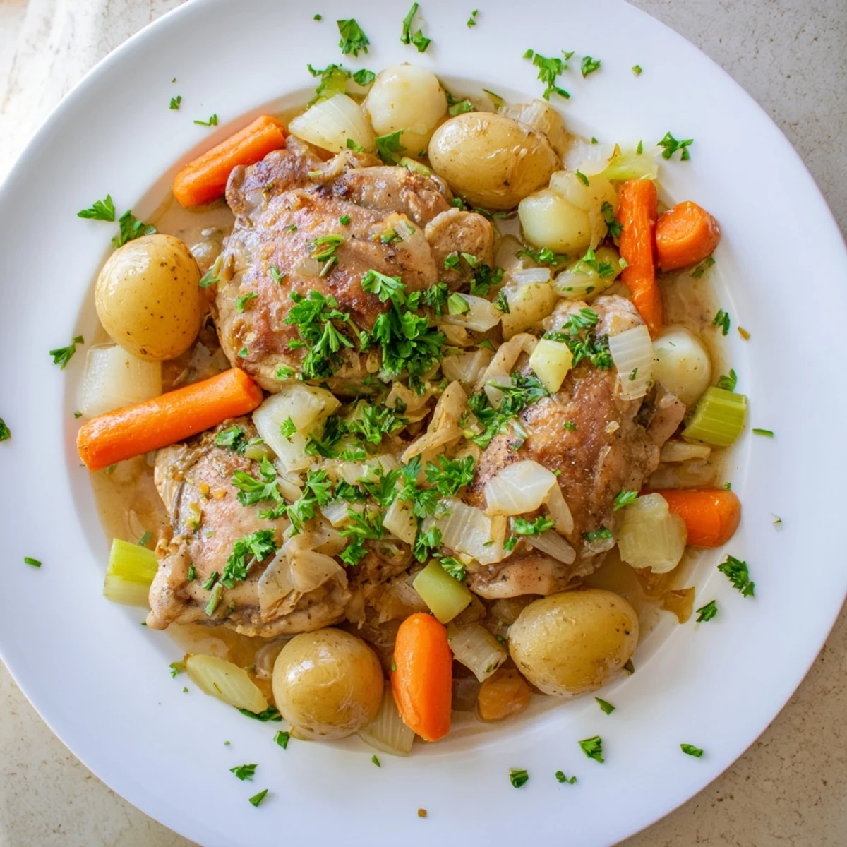 Wholesome gluten-free chicken dish slow cooked with aromatic herbs carrots celery and onions
