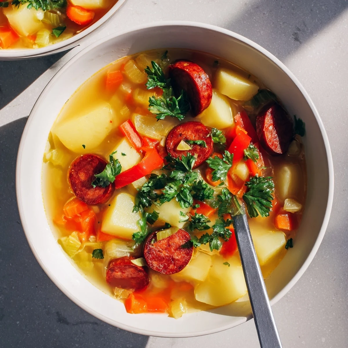 Hearty Spanish potato soup featuring tender potatoes smoky chorizo and colorful vegetables