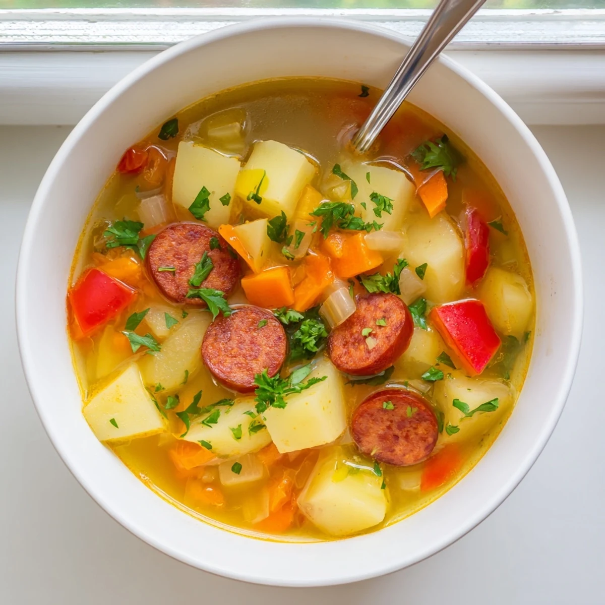 Golden bowl of Spanish potato soup with chorizo topped with fresh parsley garnish
