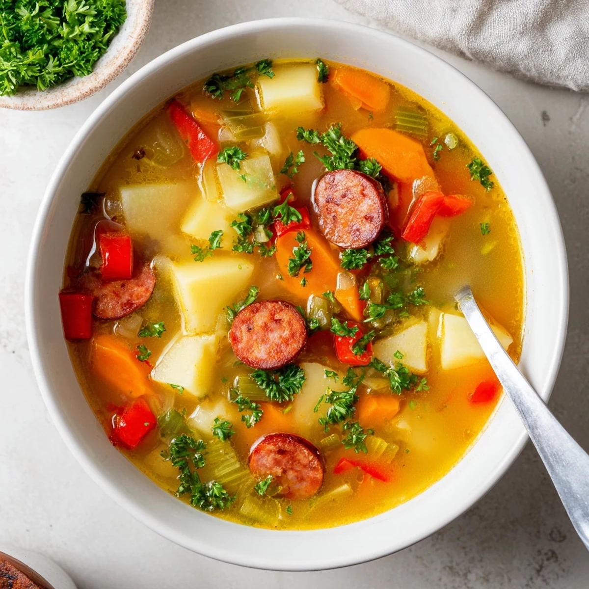 Creamy Spanish potato soup with chorizo slices served in rustic white bowl
