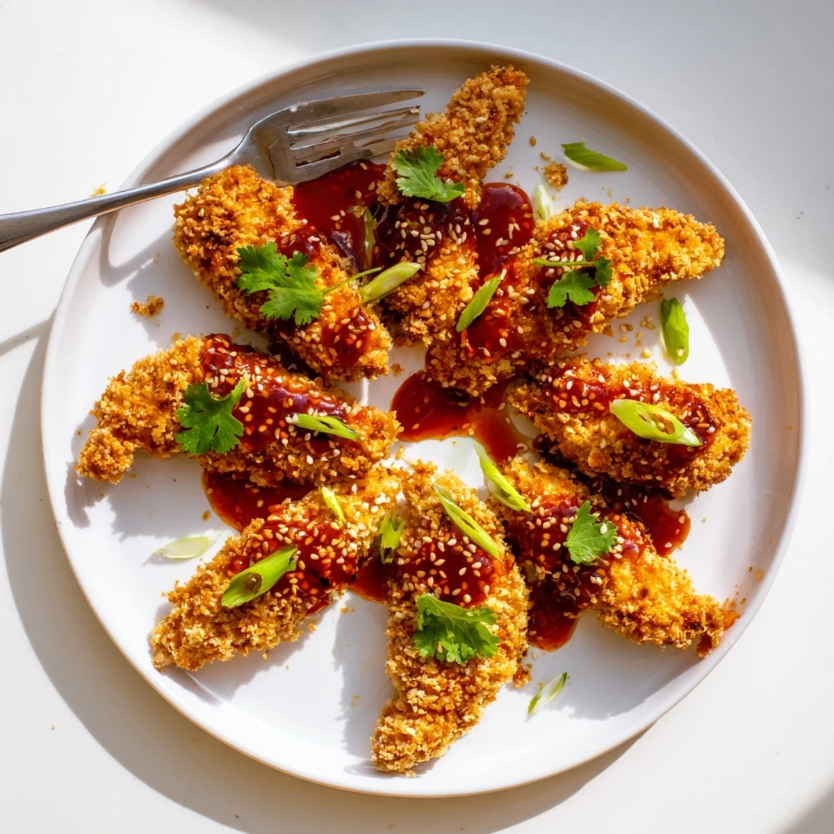 Golden brown Thai sticky chicken fingers glazed with sweet spicy red sauce and topped with sesame seeds and green onions