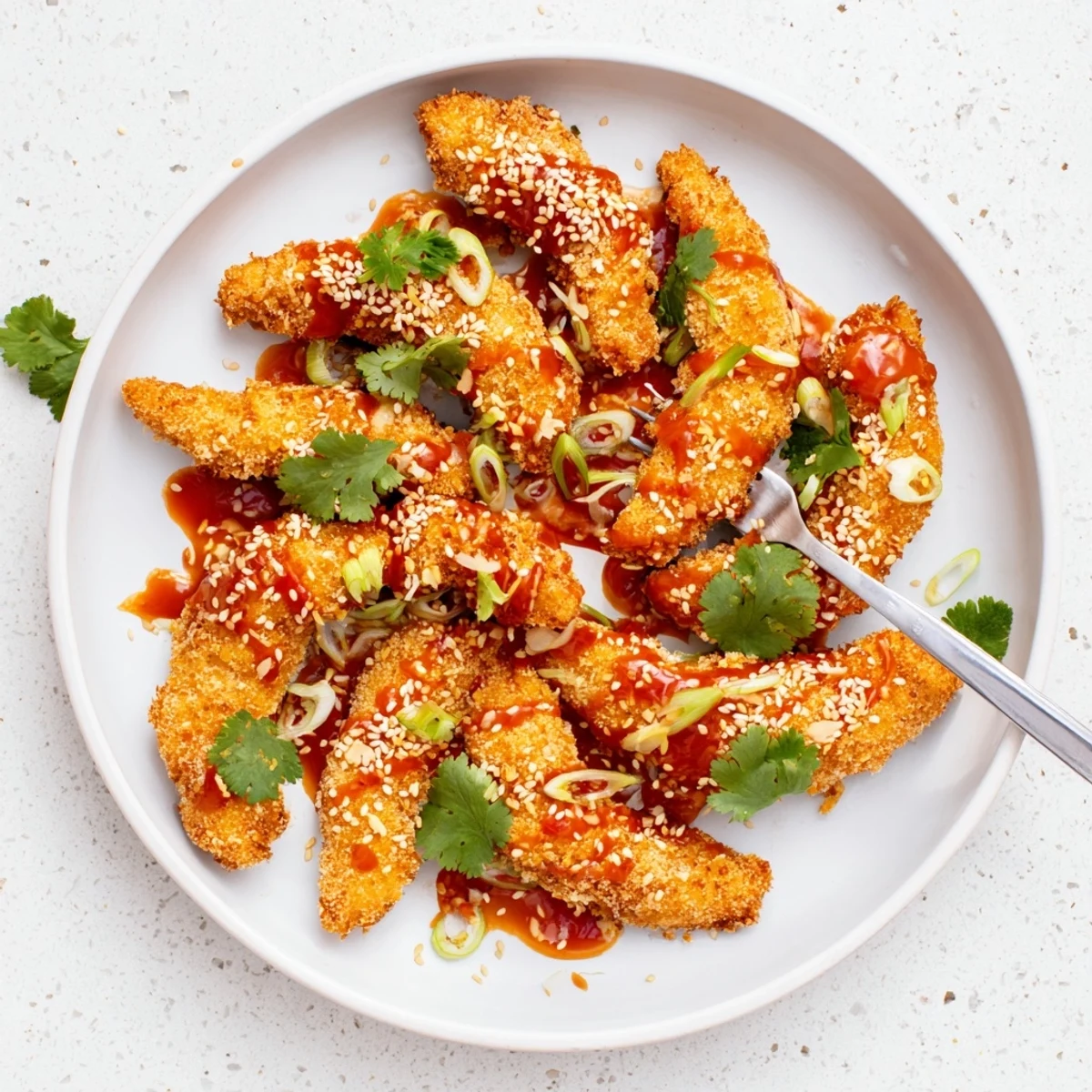 Crispy oven-baked chicken tenders coated in tangy Thai chili sauce and garnished with fresh cilantro and toasted sesame seeds