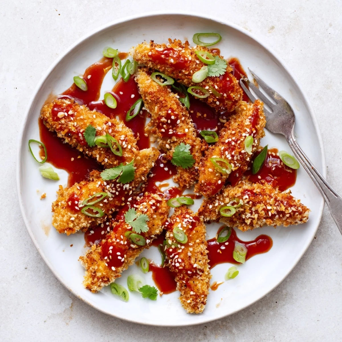 Plate of appetizing Thai sticky chicken fingers brushed with glossy red glaze and sprinkled with sliced scallions for serving