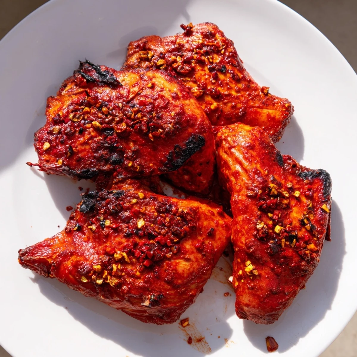 Golden peri peri chicken sizzling on the grill with crispy charred skin and vibrant red marinade