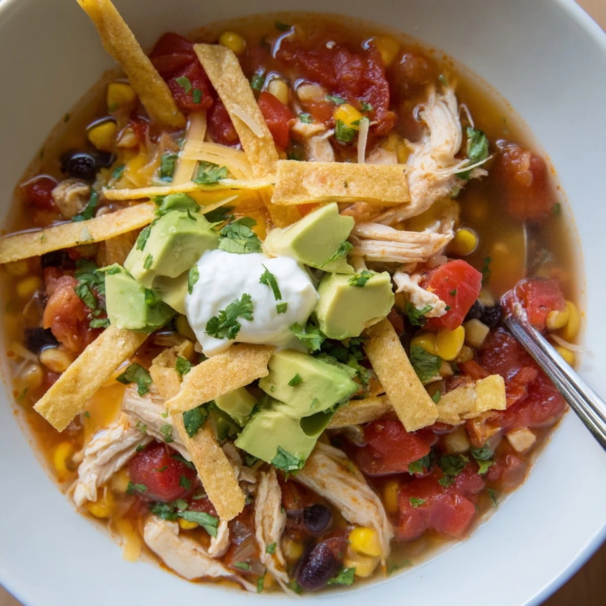 Bowl of classic chicken tortilla soup topped with crispy golden tortilla strips and fresh cilantro garnish