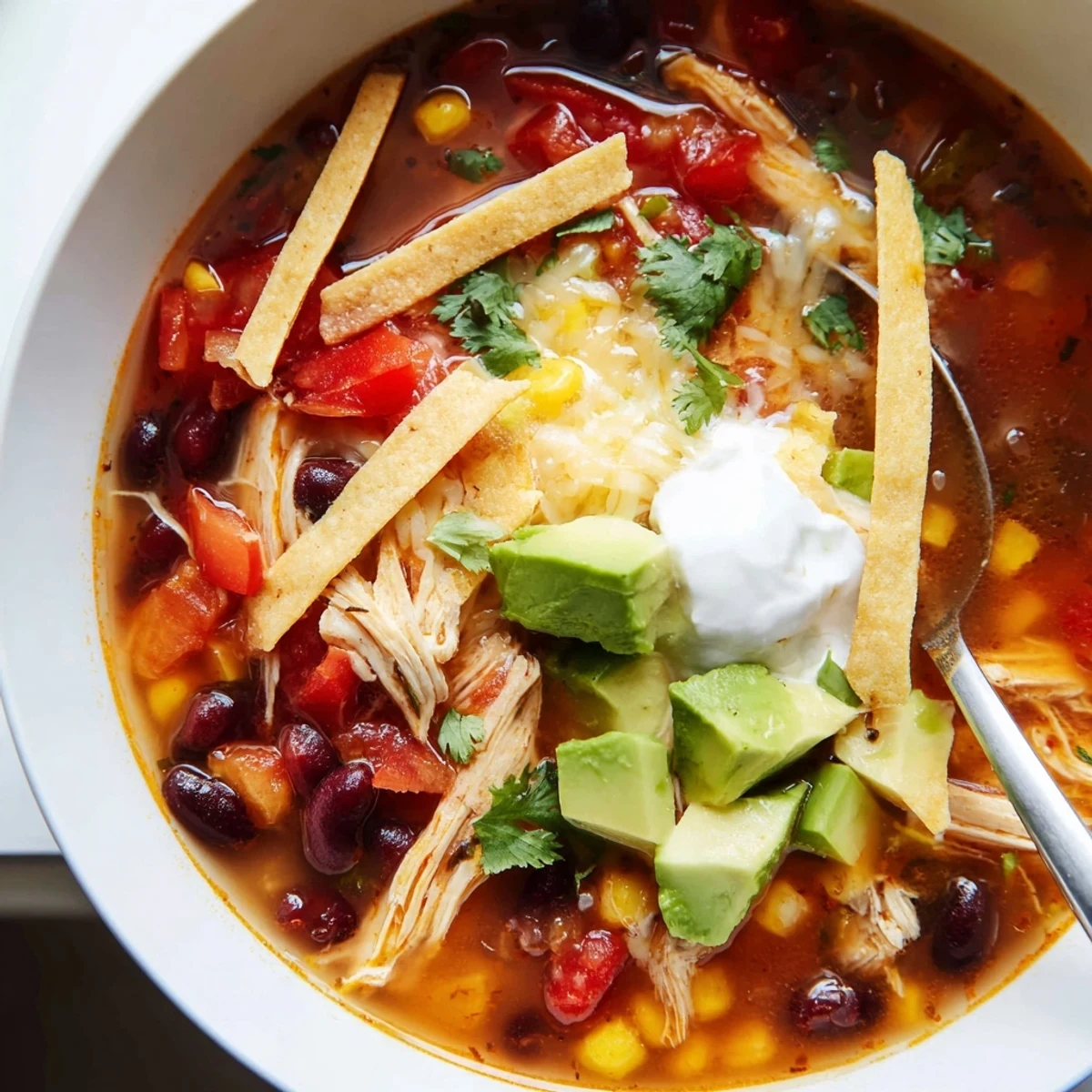 Steamy classic chicken tortilla soup served with avocado lime wedges and melted cheddar cheese on top