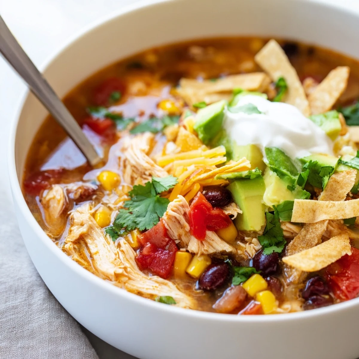 Hearty classic chicken tortilla soup featuring tender shredded chicken black beans corn and vibrant red peppers