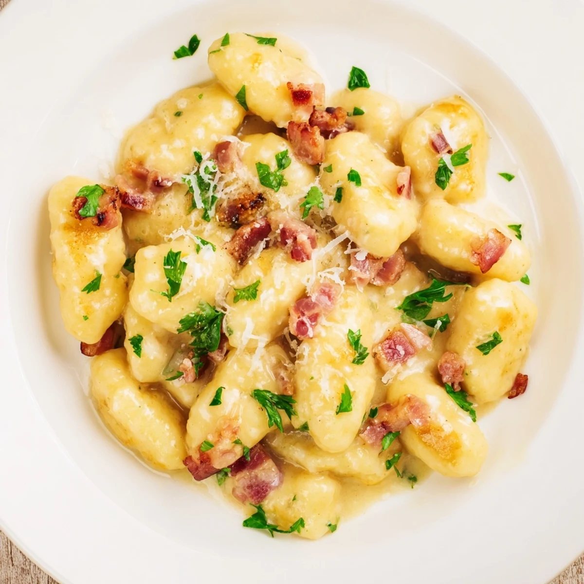 Golden potato gnocchi tossed in rich carbonara sauce with savory bacon bits on a rustic wooden board