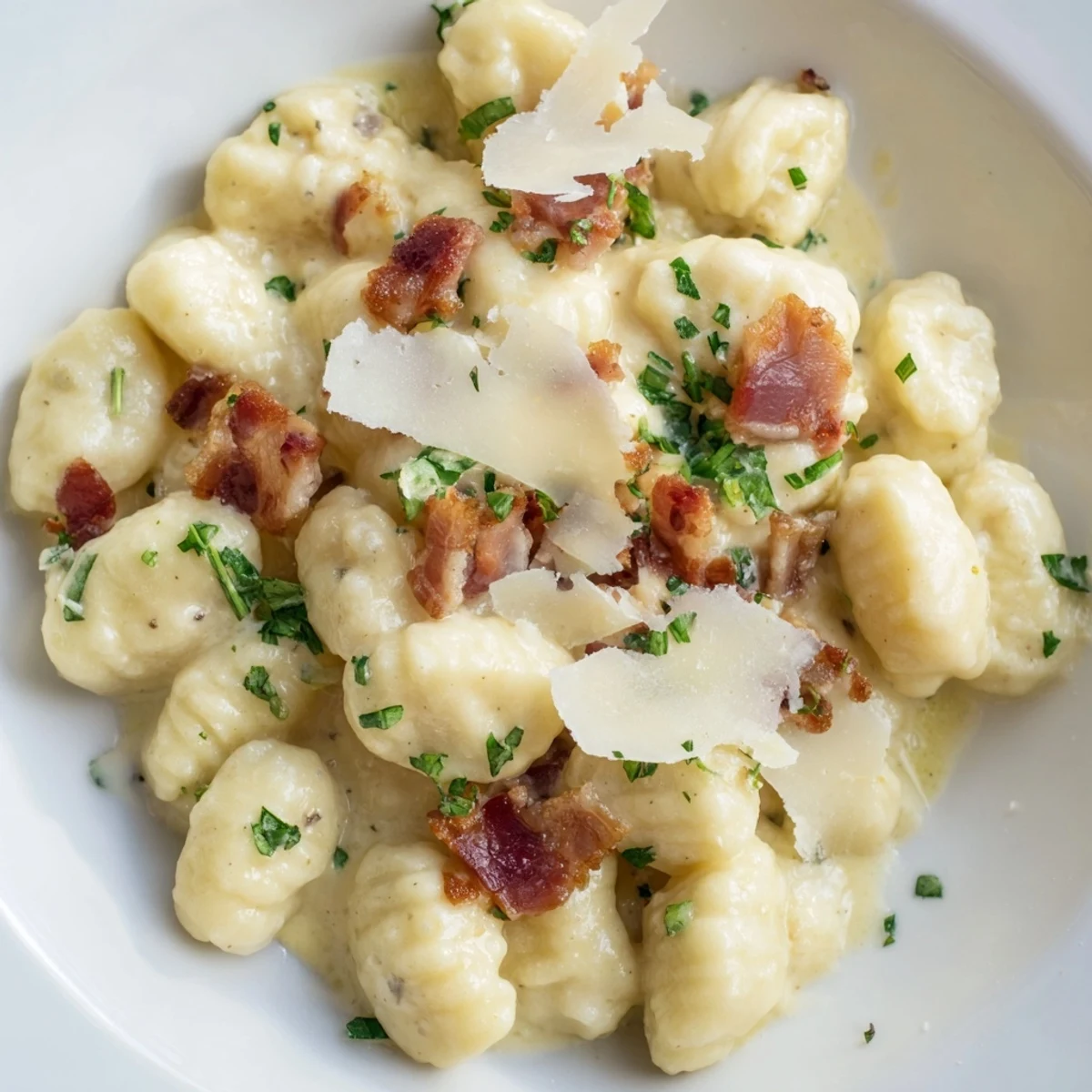 Creamy gnocchi carbonara with crispy bacon and grated Parmesan cheese in a white bowl