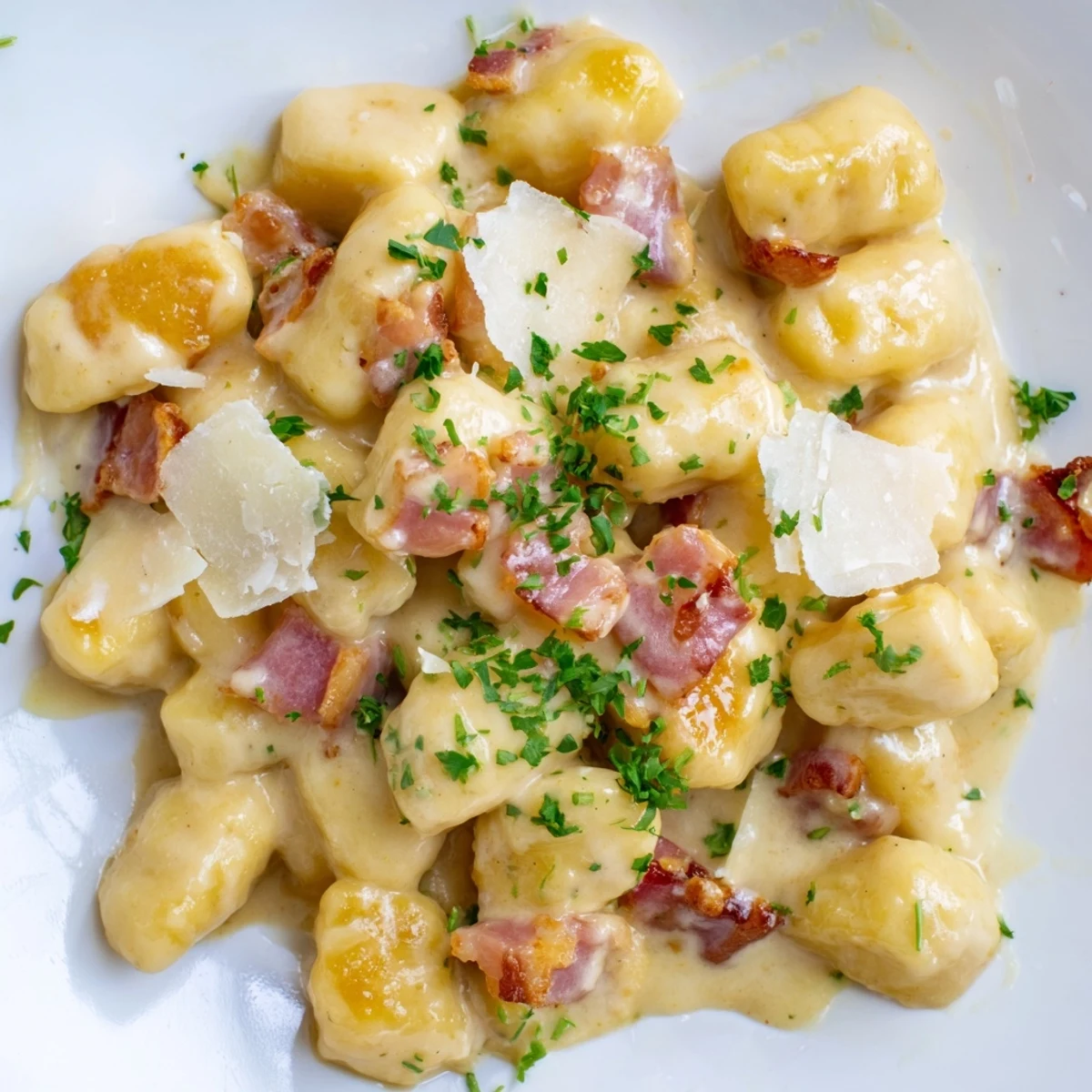 Plate of gnocchi carbonara featuring crispy pancetta, creamy egg Parmesan sauce, and fresh parsley garnish