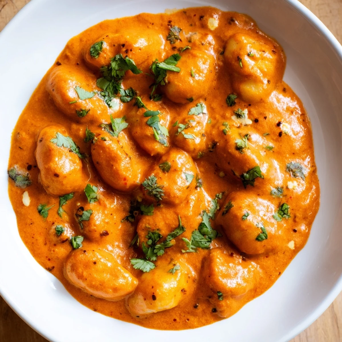 Creamy Tikka Masala Gnocchi featuring soft potato dumplings coated in spiced orange curry sauce