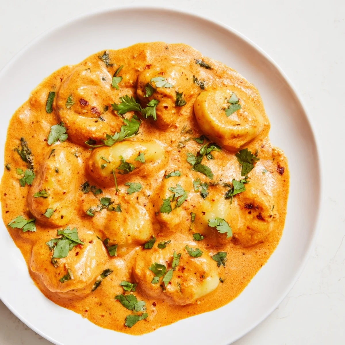 Golden potato gnocchi simmered in rich Indian tikka masala sauce with fresh cilantro garnish